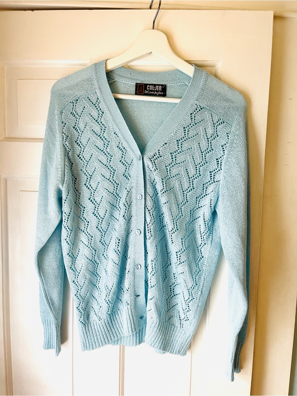 VTG Col-Jer Light Mint Blue Pointelle Knit Button-Up Cardigan Sweater